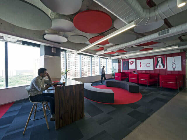 Red and white dominate the office space