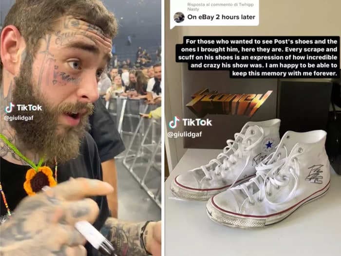 A Post Malone fan traded custom sneakers she'd hand-painted for his post-concert shoes &mdash; though he warned her they his 'stink'