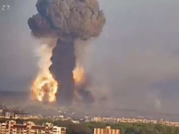 Footage shows massive explosions and fireballs after a wave of Russian drones targeted a city in western Ukraine