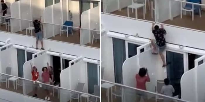 A video captured a Carnival cruise passenger climbing between balconies. Other people on board cheered him on.