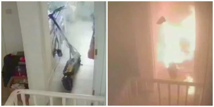 Terrifying video shows a charging e-scooter bursting into flames and engulfing a kitchen in fire in seconds