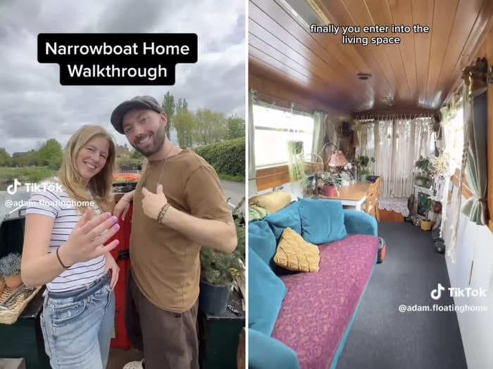 A couple living on a 59-foot narrowboat they say cost $47,000 gave viewers a tour of their bohemian 'sanctuary.' Take a look inside.