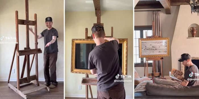 A interiors influencer shows how he camouflaged his TV using a vintage art easel and some zip-ties