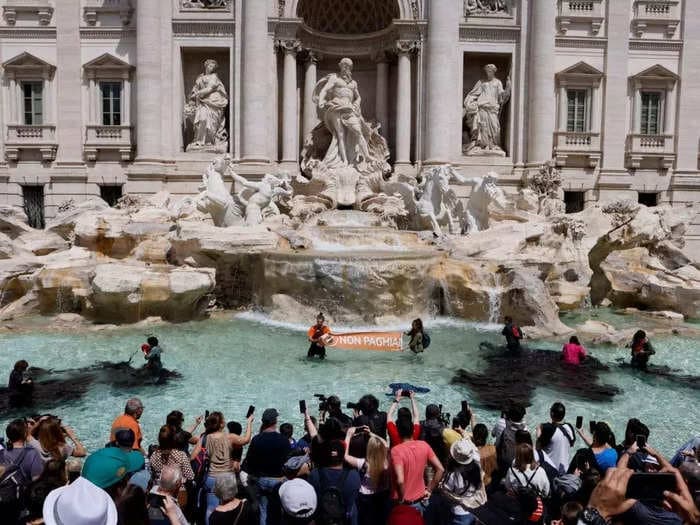 Climate protestors poured charcoal into Rome's famed Trevi Fountain and turned the water black. Now 80,000 gallons of water needs to be replaced.