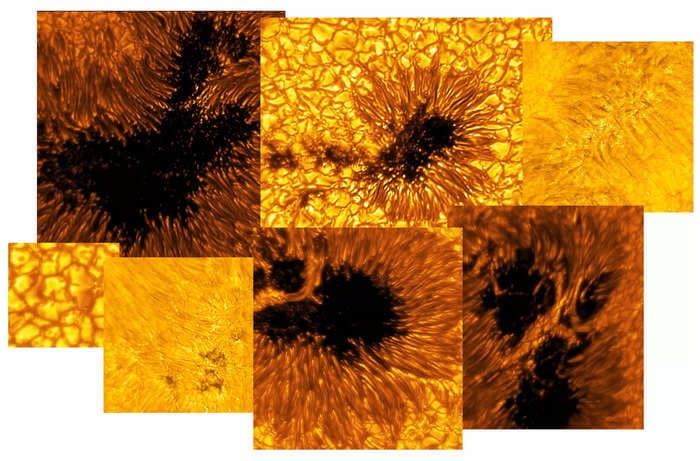 Creepy close-up images of the sun reveal yarn-like strands, dark pores, and a 'light bridge' crossing a decaying sunspot