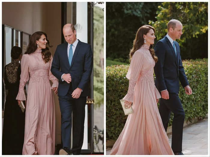 Prince William appeared to tell Kate Middleton to 'chop chop' as she chatted with the bride at a royal wedding in Jordan