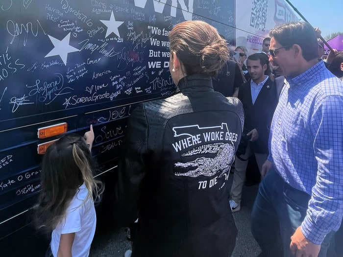 Casey DeSantis wore a leather 'Where Woke Goes to Die' jacket in 85-degree weather in Iowa