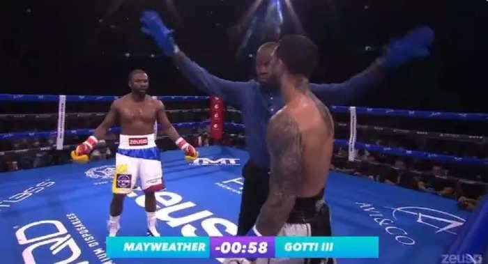 Floyd Mayweather's exhibition fight against John Gotti's grandson ends in chaos and a brawl