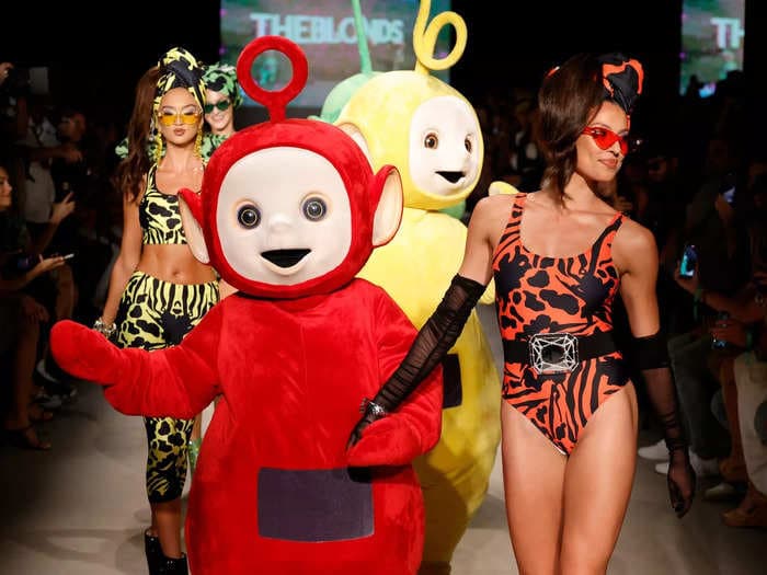One of the hottest fashion shows of the summer featured metallic swimsuits and Teletubbies dancing down the runway