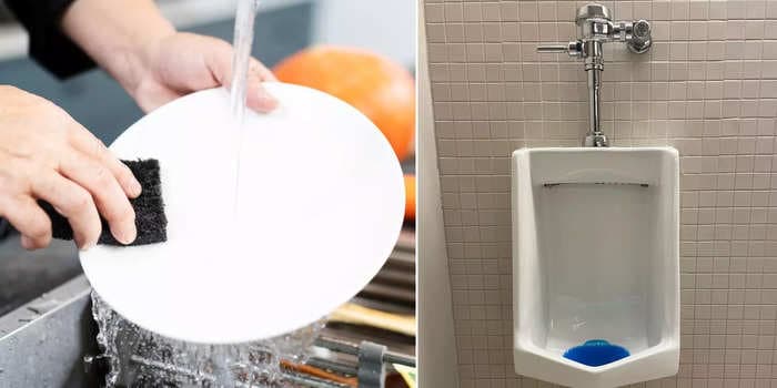 A woman working in a preschool was caught washing dishes in a urinal on China's version of TikTok and people online are freaking out