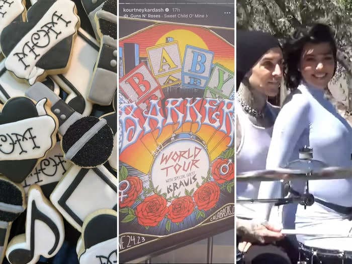 Inside Kourtney Kardashian and Travis Barker's music tour-themed gender reveal party, which included 'all access' passes, and Barker performing a drumroll for the big reveal