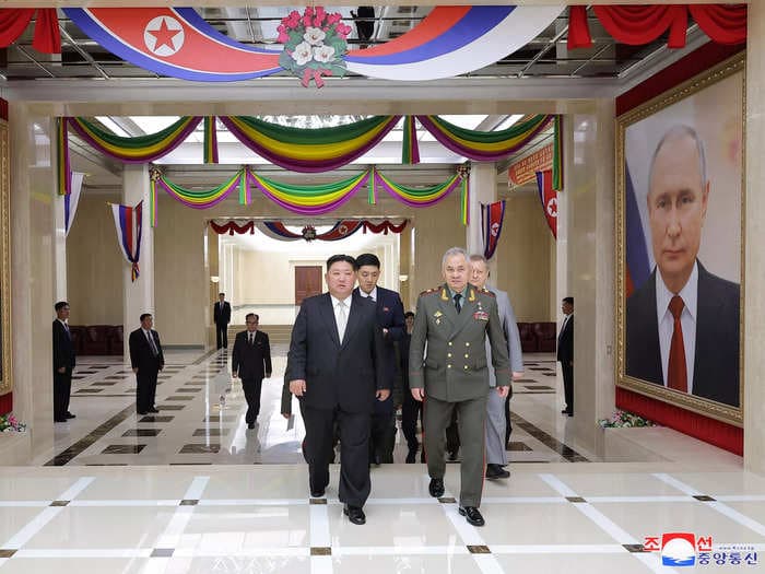 Kim Jong Un has plastered his walls with bizarre, giant portraits of Putin, images from North Korean state media reveal
