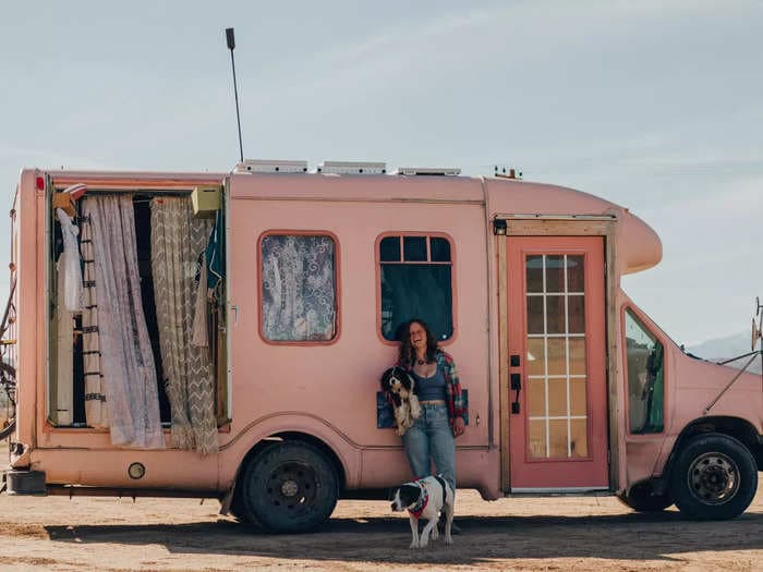 An artist converted a Ford minibus into a mobile pink tiny home and studio for $9,000 &mdash; check it out