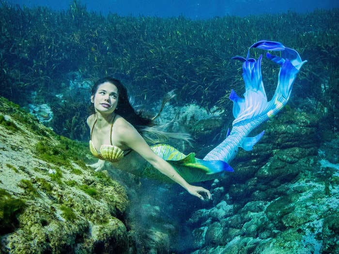 A professional mermaid overcame a 'huge fear' of water to perform with sharks and stingrays in a 25-foot tank