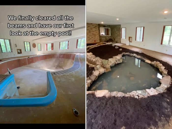 A new homeowner discovered a 12-foot-deep pool underneath her rotting floorboards and transformed it into an indoor oasis &mdash; but not everyone is loving it