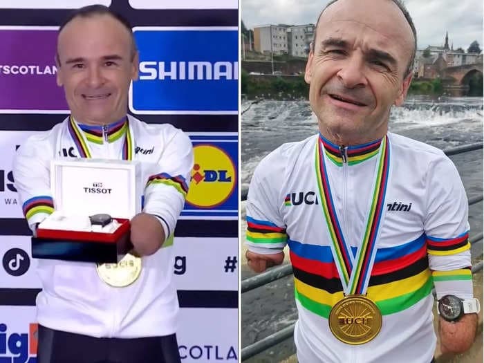 A paracyclist and triple amputee is being applauded for having a sense of humor receiving the 'worst trophy gift ever' (a wristwatch) after winning the World Championships
