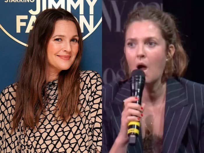 Drew Barrymore appeared startled as she was escorted off stage when someone tried to crash her interview with Reneé Rapp in New York City
