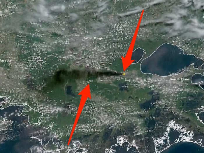 The fire at a Marathon Petroleum factory in Garyville, Louisiana, can be seen from space