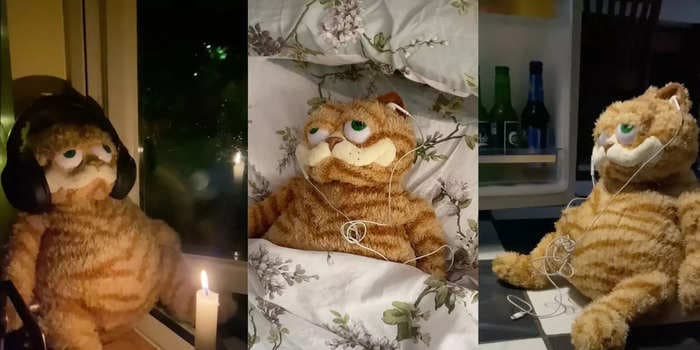 The internet's favorite new influencer is an extremely relatable tired-looking Garfield cat toy, vibing out to sad songs