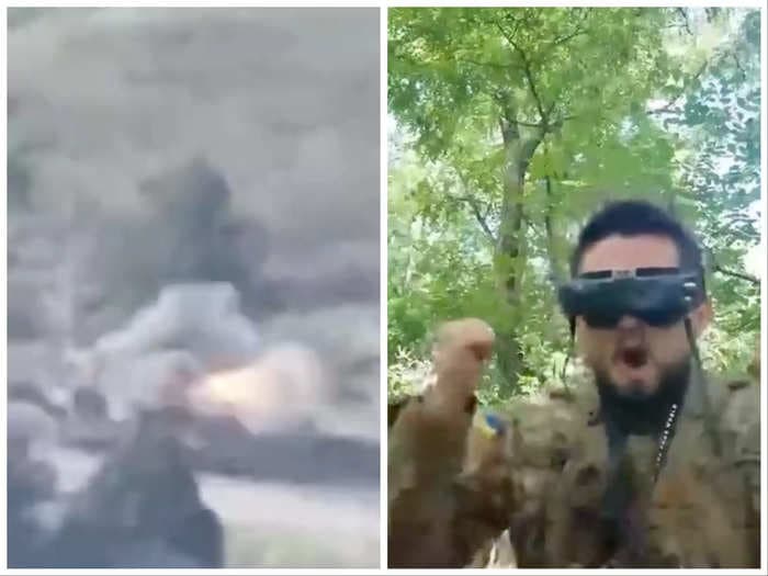 Video shows a Ukrainian soldier celebrating after his first-person-view drone slams into a Russian military truck from behind