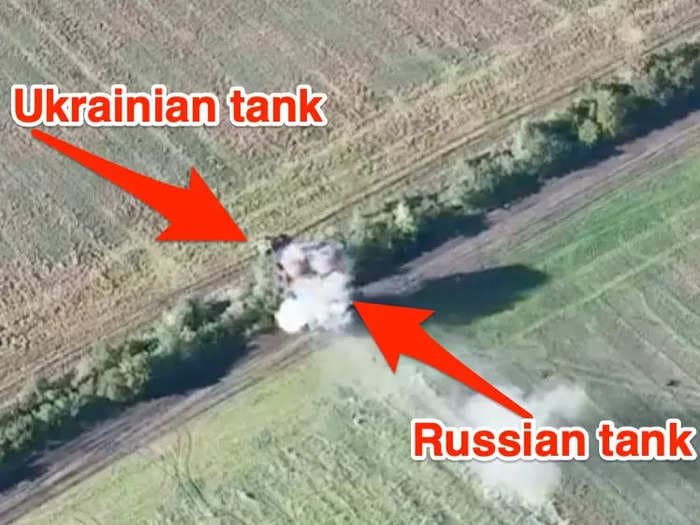 Aerial footage from Ukraine offers a new look at a rare tank-on-tank battle that ends with a close-range kill of Russian armor