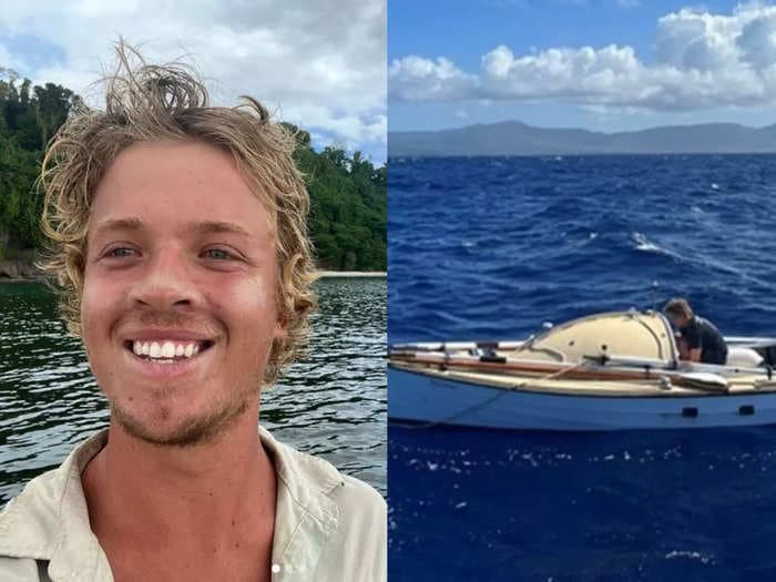 A man who was trying to row across the Pacific Ocean in a handmade boat was rescued after capsizing