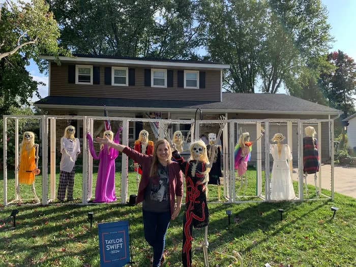 A Taylor Swift fan decorated her front yard with skeletons dressed in Eras Tour outfits for Halloween