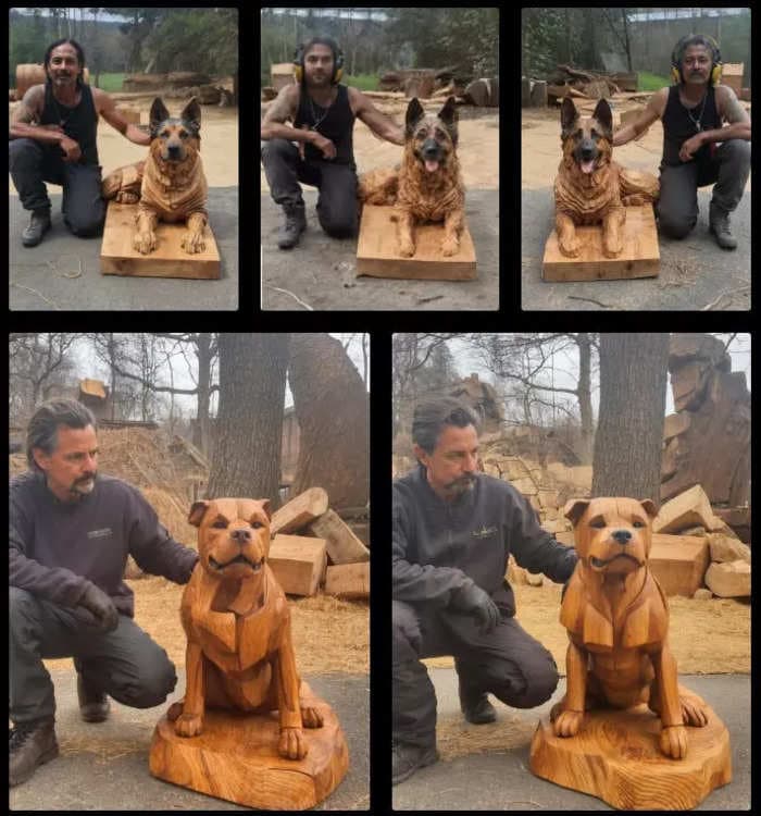 Cute carvings of dogs made by chainsaw artists are flooding Facebook Pages &mdash; turns out, they're AI-generated