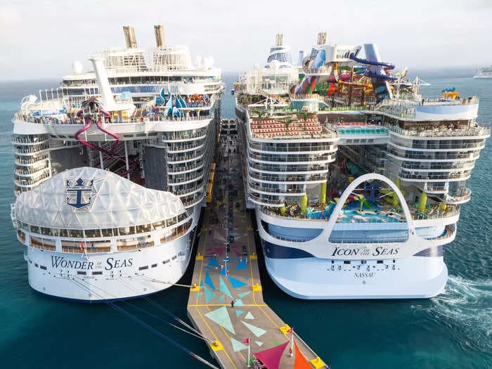 Photos show Royal Caribbean's Icon of the Seas and Wonder of the Seas side-by-side. See how the world's two largest cruise ships compare.