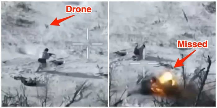 Video shows a Russian soldier diving out of the way of a drone, which then explodes just behind him