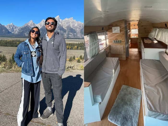 A couple converted a $10,000 school bus into their dream home. Now they're exploring the US while working full-time.