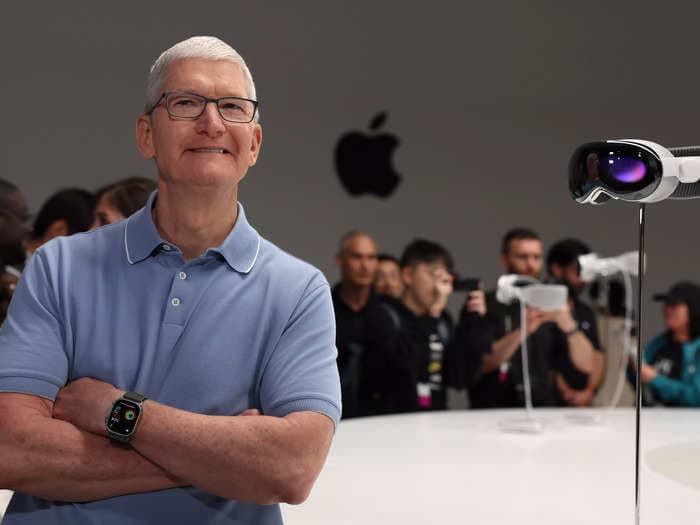 Tim Cook has finally been photographed wearing Apple's new face computer
