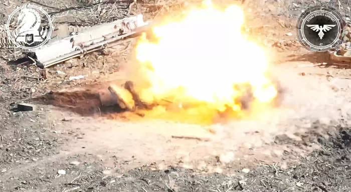 Video captures rare drone-on-drone combat as exploding Ukrainian quadcopters blow up Russian grenade-launching robots