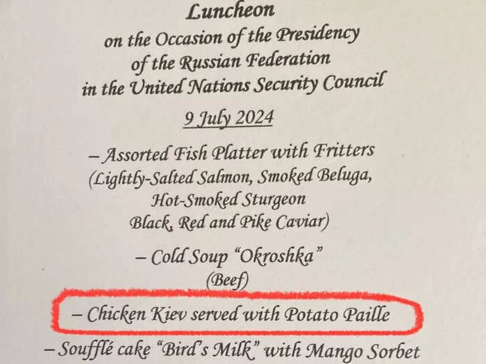 Ukraine's ambassador accused Russia of serving Chicken Kiev at a UN luncheon one day after bombing a children's hospital