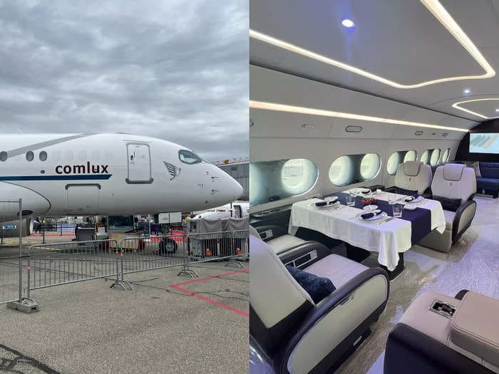 The $80 million private jet version of an Airbus A220 boasts a huge bathroom and meeting rooms. Take a look inside.