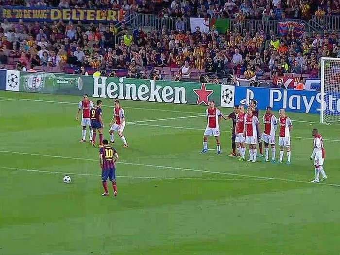 Lionel Messi Bends In A Sick Free Kick Goal Off The Post In The Champions League