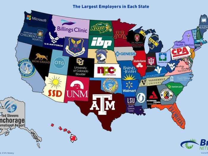 This Map Shows The Largest Employer In Every State - And Some Of The Biggest Companies In The US Aren't On It