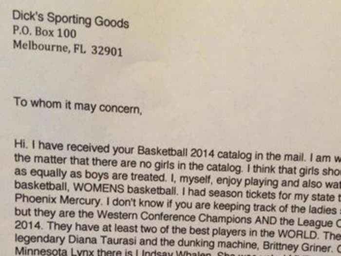 12-Year-Old Girl Writes A Passionate Letter To Dick's Sporting Goods For Not Including Women In Its Catalog