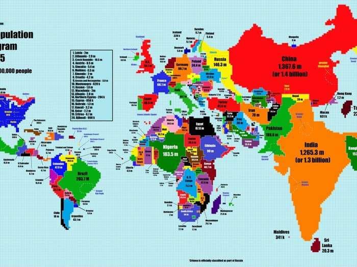 Here's what the world would look like if countries were as big as their population sizes