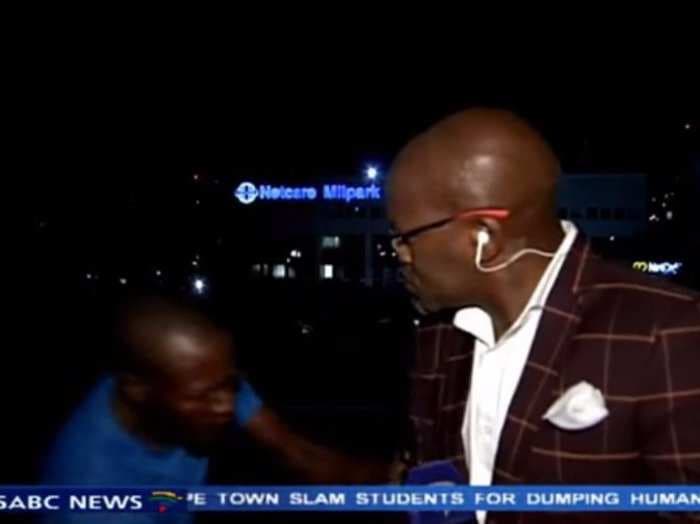 2 guys mug a TV reporter during a live camera shot