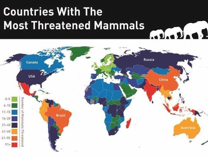 This map of countries with the most threatened mammals is heartbreaking