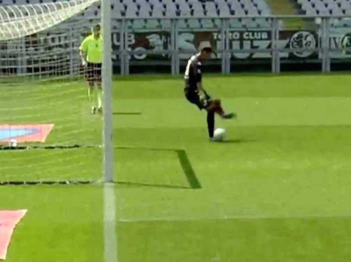 Italian goalkeeper attempts pass, kicks it backwards into his own goal instead