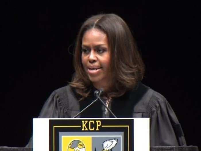 Michelle Obama found a way to delight graduates of a high school touched by tragedy