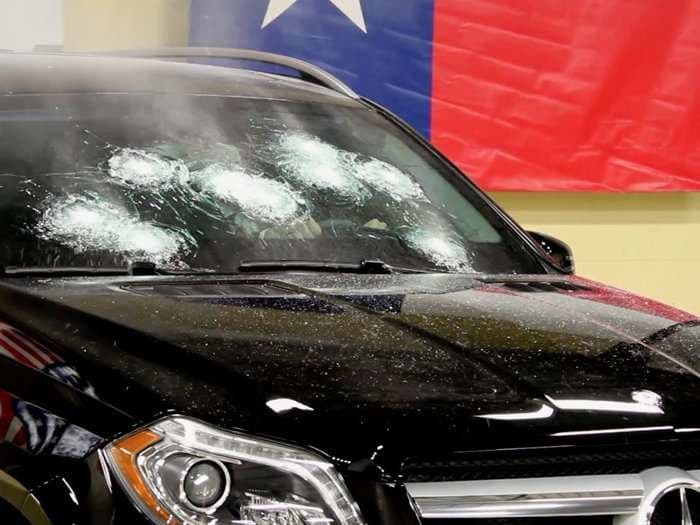 Texas company tests their bulletproof windshield on a Mercedes by putting their own CEO behind the wheel