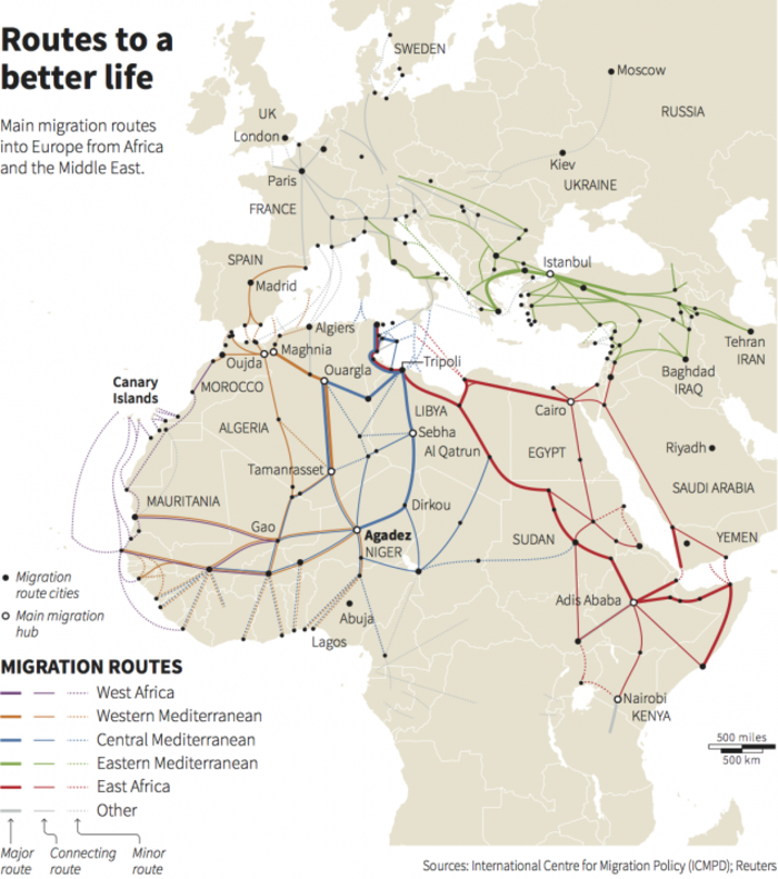 These maps show all the different routes migrants take to western Europe