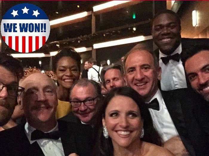 After the 4th Emmy win in a row for 'Veep,' a stunned Julia Louis-Dreyfus resorted to taking selfies on stage