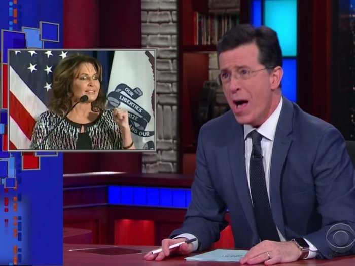 Stephen Colbert gave a rousing Sarah Palin-style speech mocking her endorsement of Donald Trump