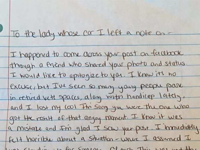 The female veteran who found a sexist note on her car just got a heartfelt apology letter