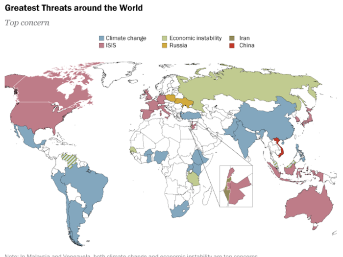 This map shows what different countries view as the greatest threat to the world