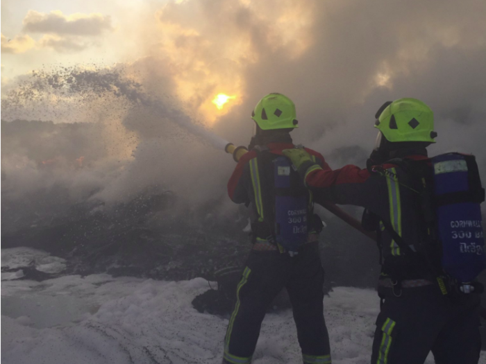 Incredible pictures show how huge the fire ravaging a recycling plant in Cornwall really is